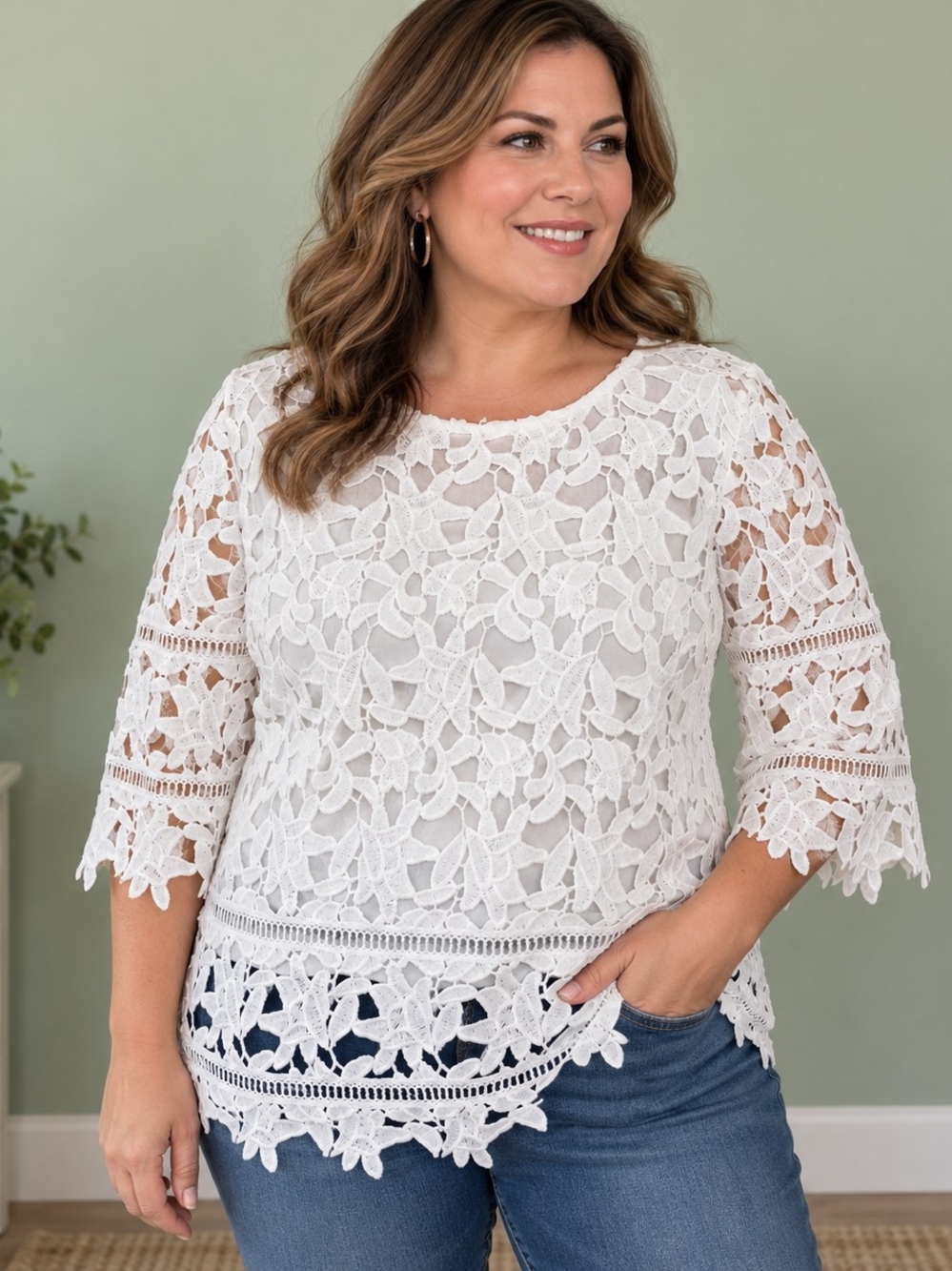 Cremieux Women’s L White Floral Lace Blouse Crochet 3/4 Sleeve Zip Back Lined